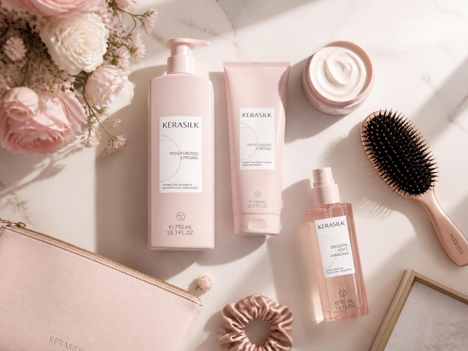 Productos de belleza profesionales sobre superficie de mármol